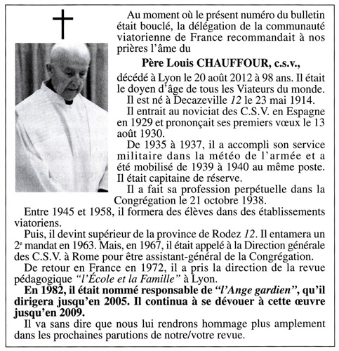 Rappel à Dieu du Père Louis Chauffour, c.s.v.